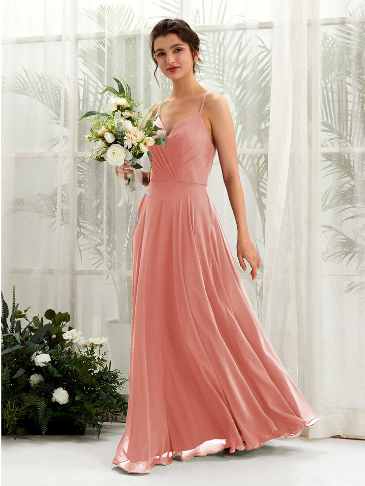 Carlyna Vestido de línea A escote en V con tirantes finos hasta el suelo vestido de dama de honor Rosa Champán 
