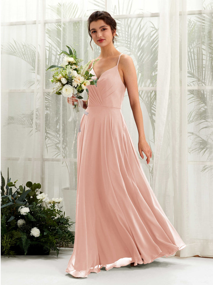 Carlyna Vestido de línea A escote en V con tirantes finos hasta el suelo vestido de dama de honor Rosa Perla 
