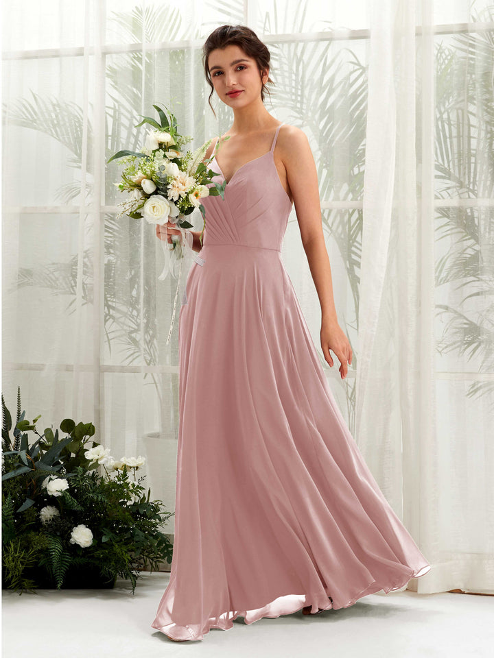Carlyna Vestido de línea A escote en V con tirantes finos hasta el suelo vestido de dama de honor Rosa Polvorienta 