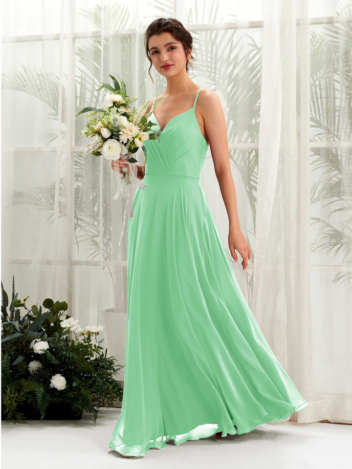Carlyna Vestido de línea A escote en V con tirantes finos hasta el suelo vestido de dama de honor Verde Menta 