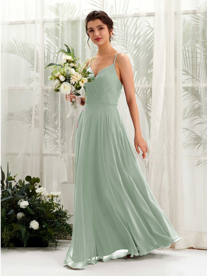 Carlyna Vestido de línea A escote en V con tirantes finos hasta el suelo vestido de dama de honor Verde Salvia 