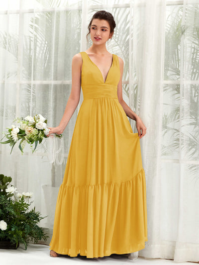 Carlyna Vestido de línea A escote en V hasta el suelo dama de honor Amarillo Mostaza #color_amarillo-mostaza