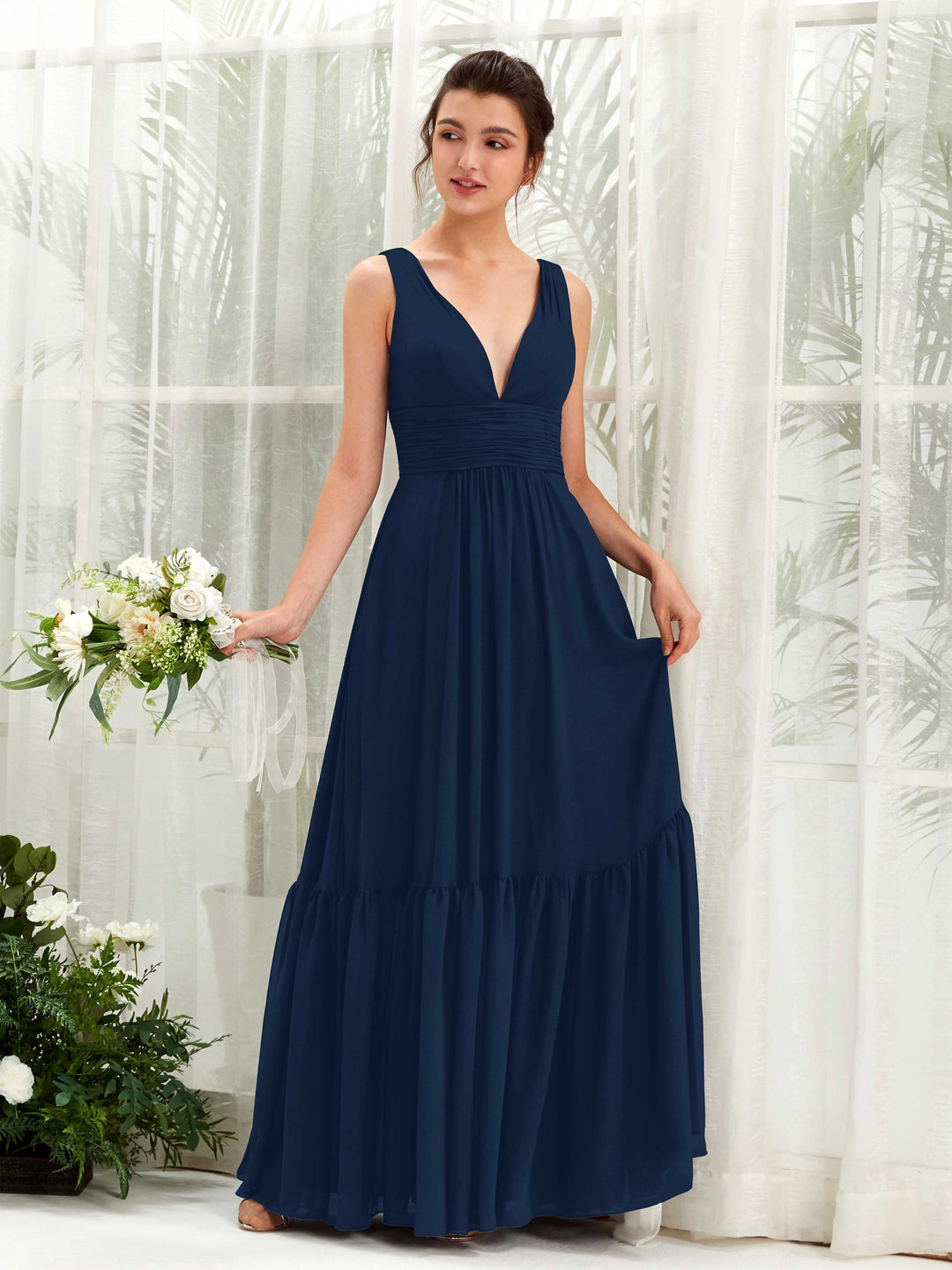Carlyna Vestido de línea A escote en V hasta el suelo dama de honor Azul Marino 