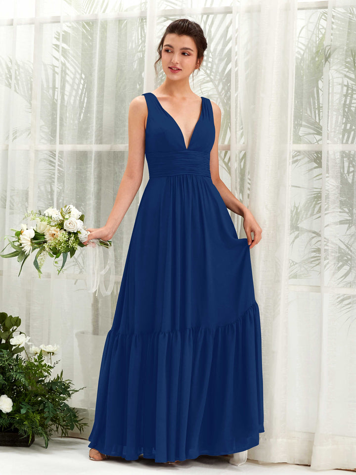 Carlyna Vestido de línea A escote en V hasta el suelo dama de honor Azul Real 