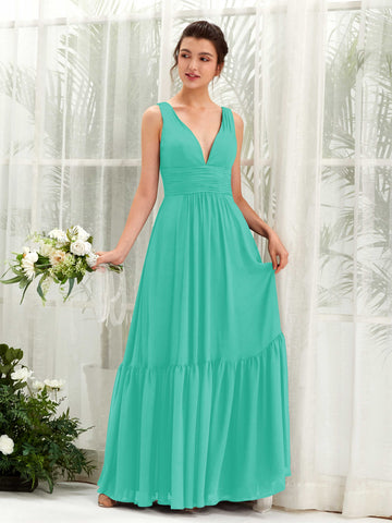 Carlyna Vestido de línea A escote en V hasta el suelo dama de honor Azul Tiffany #color_azul-tiffany