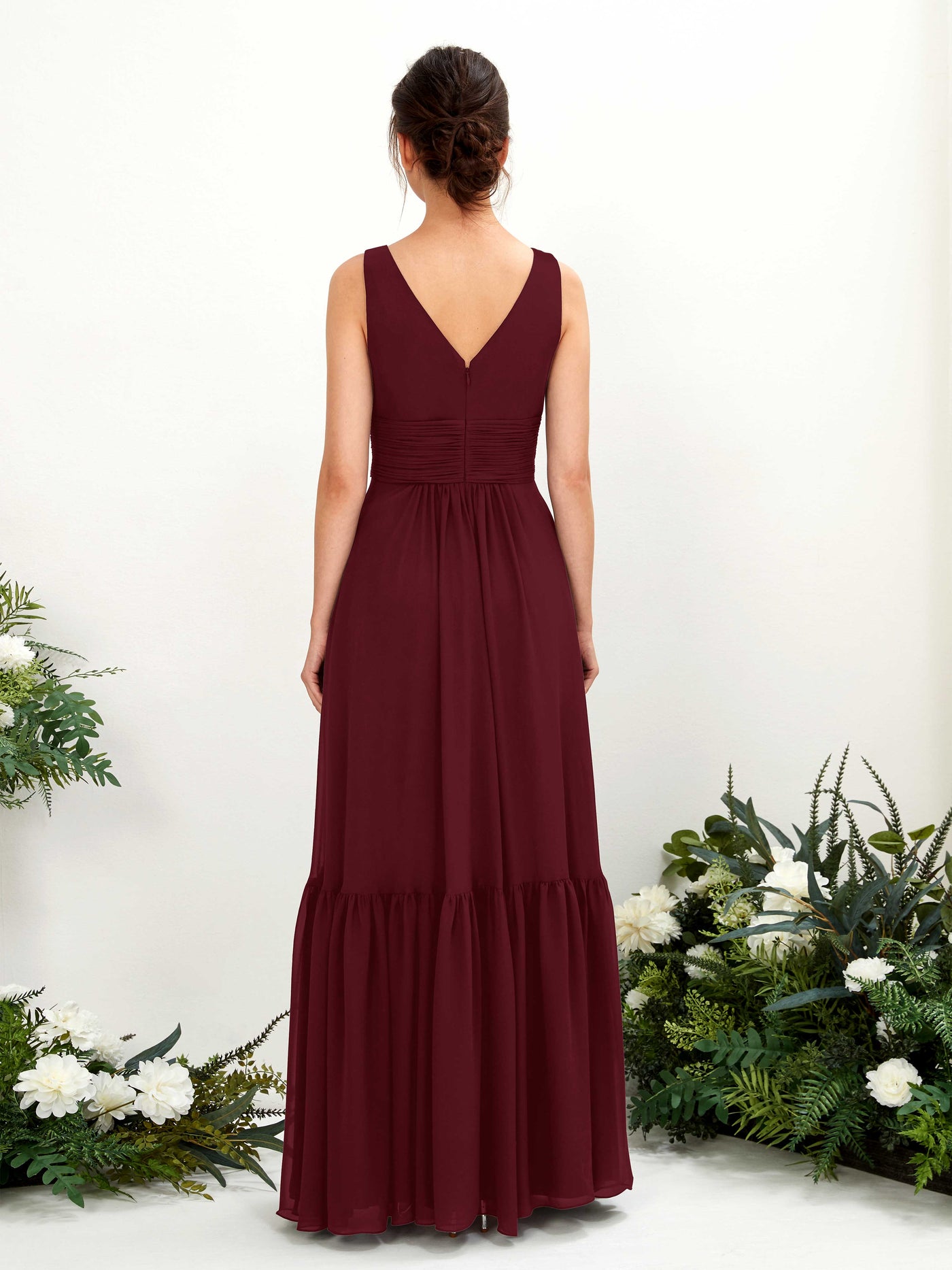 Carlyna Vestido de línea A escote en V hasta el suelo dama de honor Borgoña #color_borgo-a