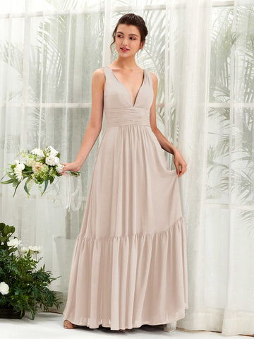 Carlyna Vestido de línea A escote en V hasta el suelo dama de honor Champán #color_champ-n