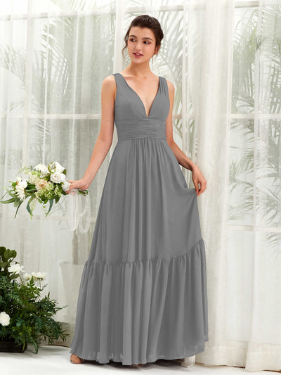 Carlyna Vestido de línea A escote en V hasta el suelo dama de honor Gris Acero #color_gris-acero