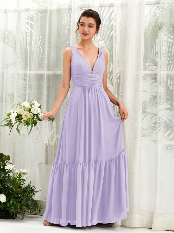 Carlyna Vestido de línea A escote en V hasta el suelo dama de honor Lila 
