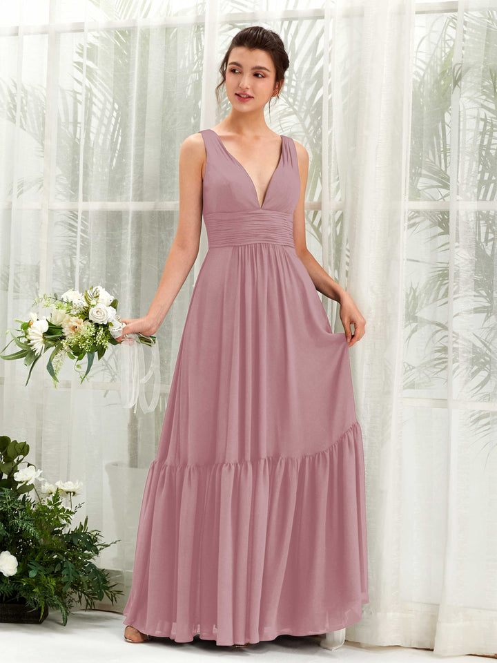 Carlyna Vestido de línea A escote en V hasta el suelo dama de honor Malva Clásico 