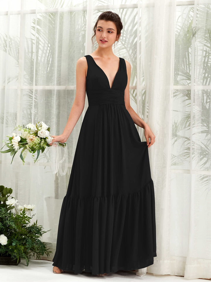 Carlyna Vestido de línea A escote en V hasta el suelo dama de honor Negro 