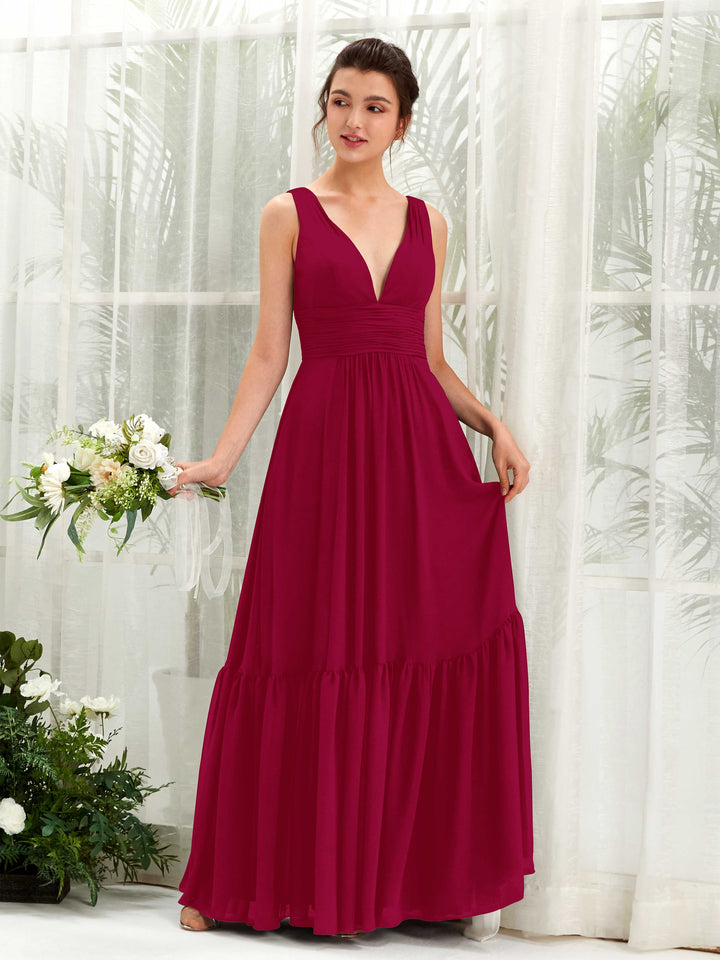 Carlyna Vestido de línea A escote en V hasta el suelo dama de honor Rojo Bufón 