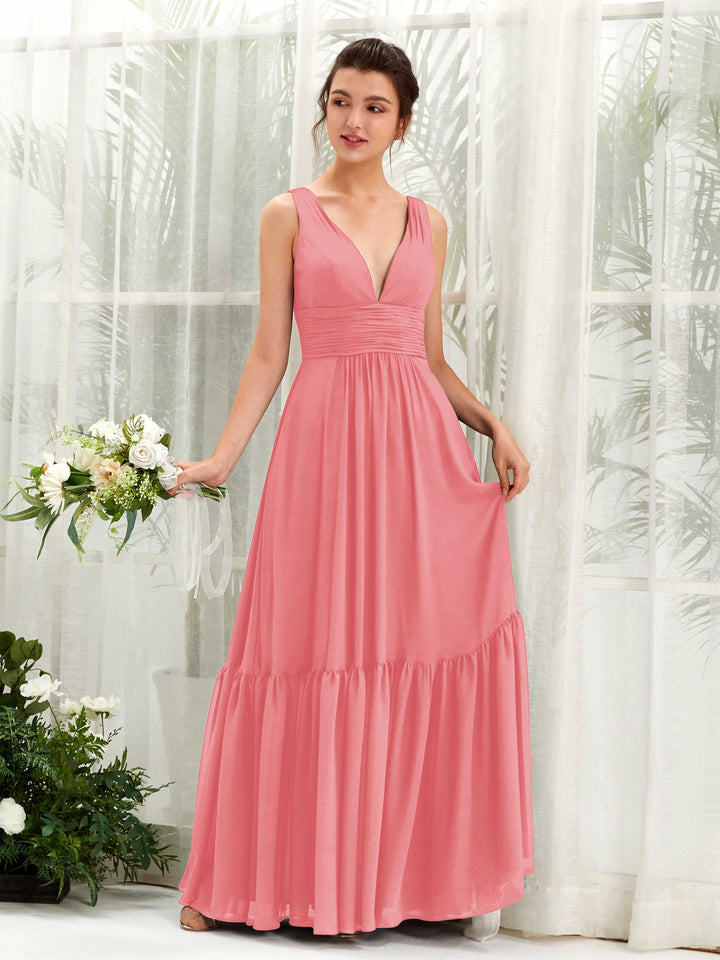 Carlyna Vestido de línea A escote en V hasta el suelo dama de honor Rosa Coral 