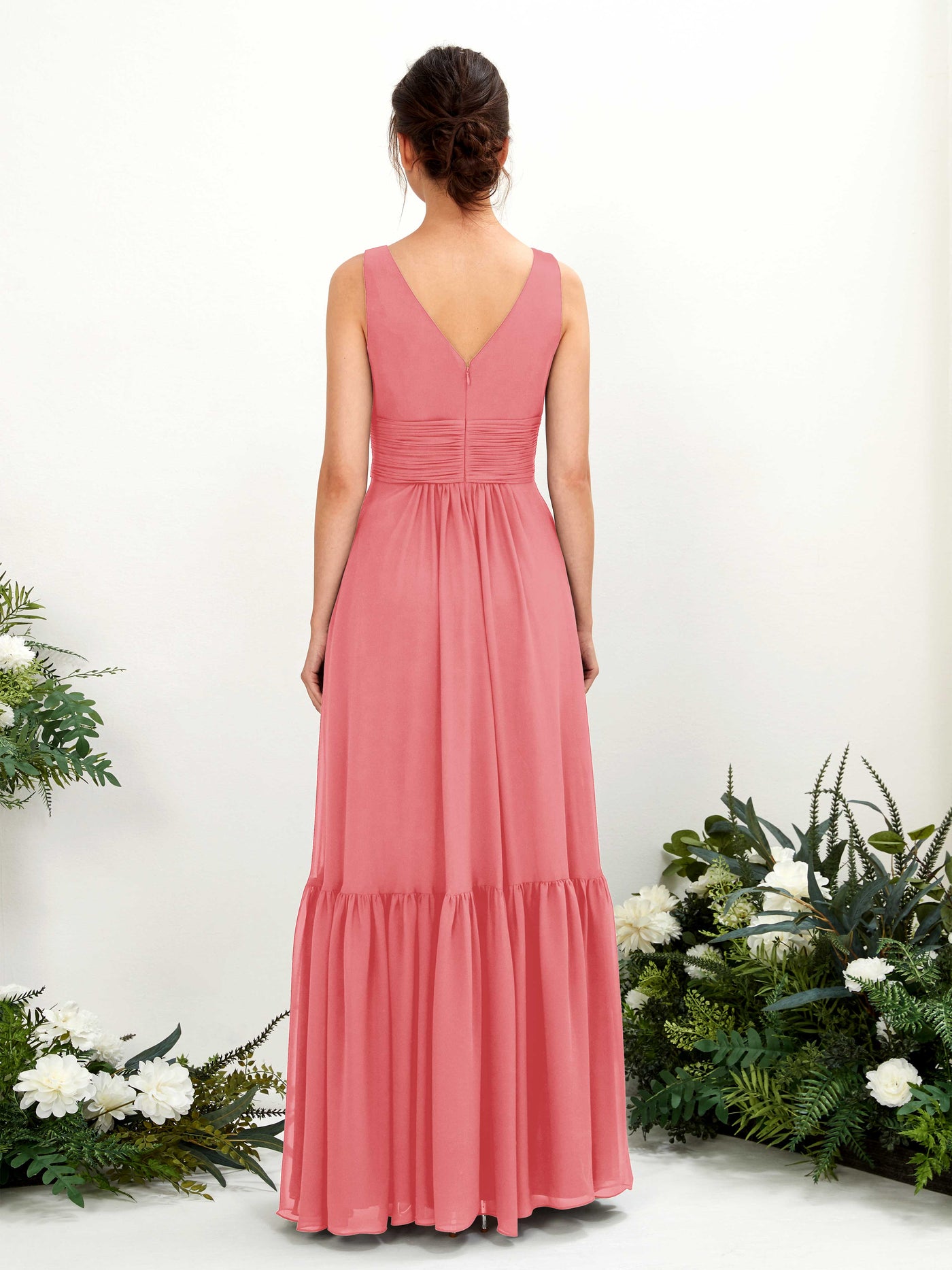 Carlyna Vestido de línea A escote en V hasta el suelo dama de honor Rosa Coral #color_rosa-coral