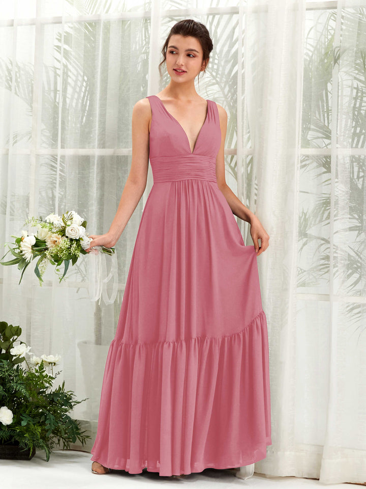 Carlyna Vestido de línea A escote en V hasta el suelo dama de honor Rosa Del Desierto 