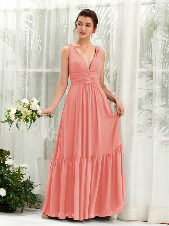 Carlyna Vestido de línea A escote en V hasta el suelo dama de honor Rosa Melocotón 