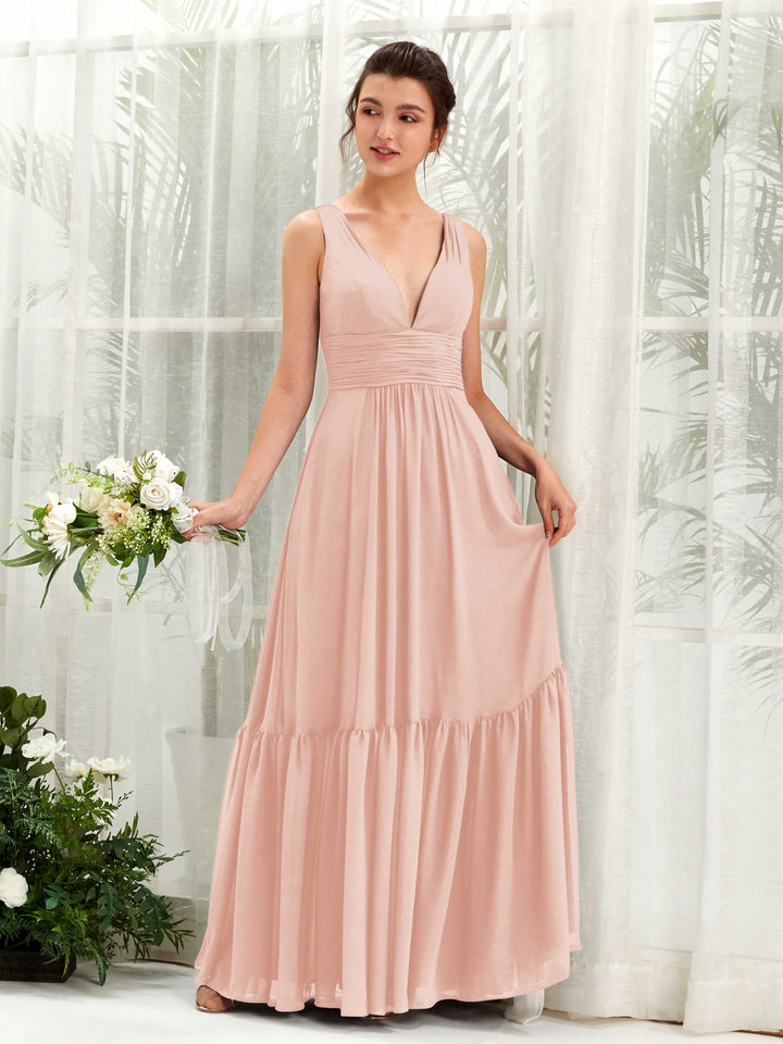 Carlyna Vestido de línea A escote en V hasta el suelo dama de honor Rosa Perla 