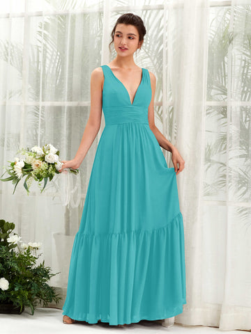 Carlyna Vestido de línea A escote en V hasta el suelo dama de honor Turquesa #color_turquesa