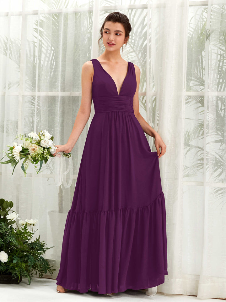 Carlyna Vestido de línea A escote en V hasta el suelo dama de honor Uva 