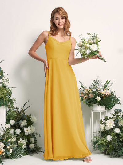 Carlyna Vestido de línea A escote en V hasta el suelo gasa dama de honor Amarillo Mostaza #color_amarillo-mostaza