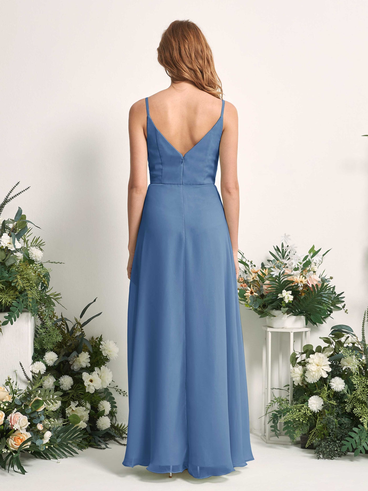 Carlyna Vestido de línea A escote en V hasta el suelo gasa dama de honor Azul polvoriento #color_azul-polvoriento