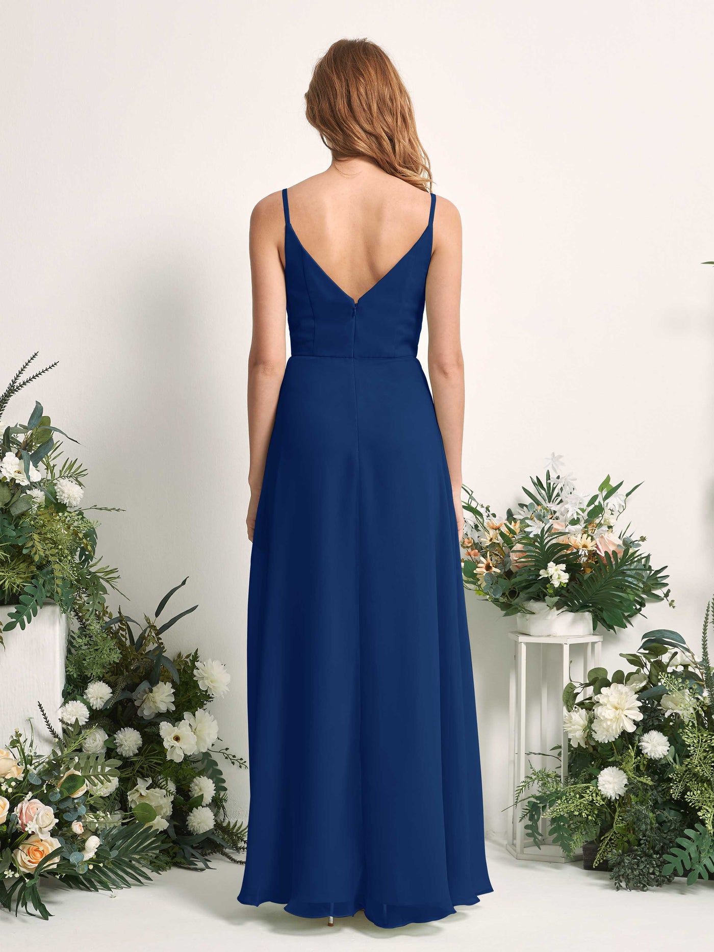 Carlyna Vestido de línea A escote en V hasta el suelo gasa dama de honor Azul Real #color_azul-real