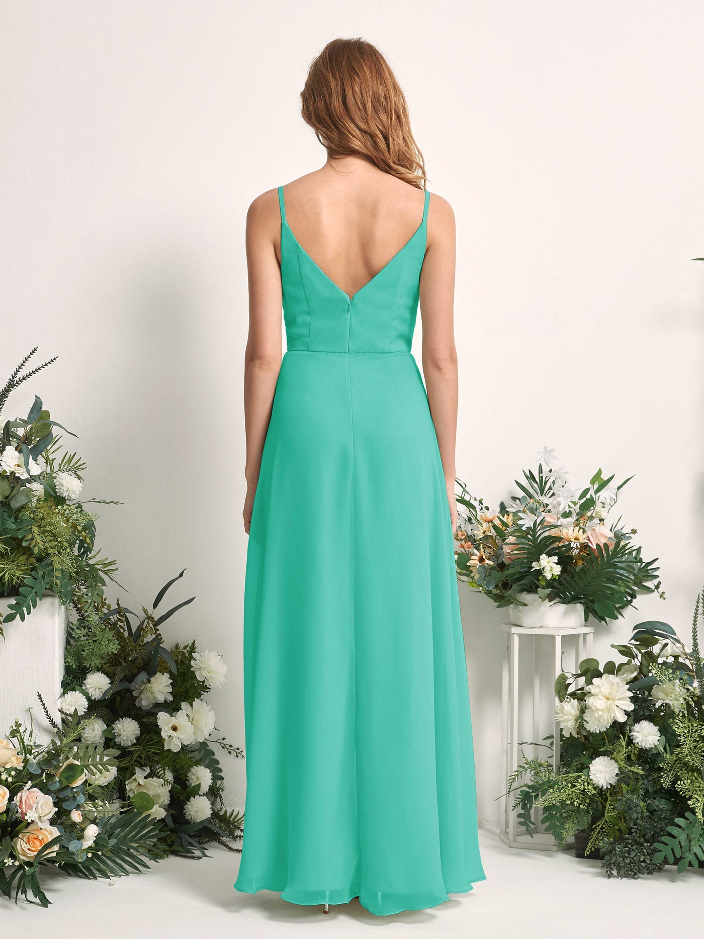 Carlyna Vestido de línea A escote en V hasta el suelo gasa dama de honor Azul Tiffany #color_azul-tiffany