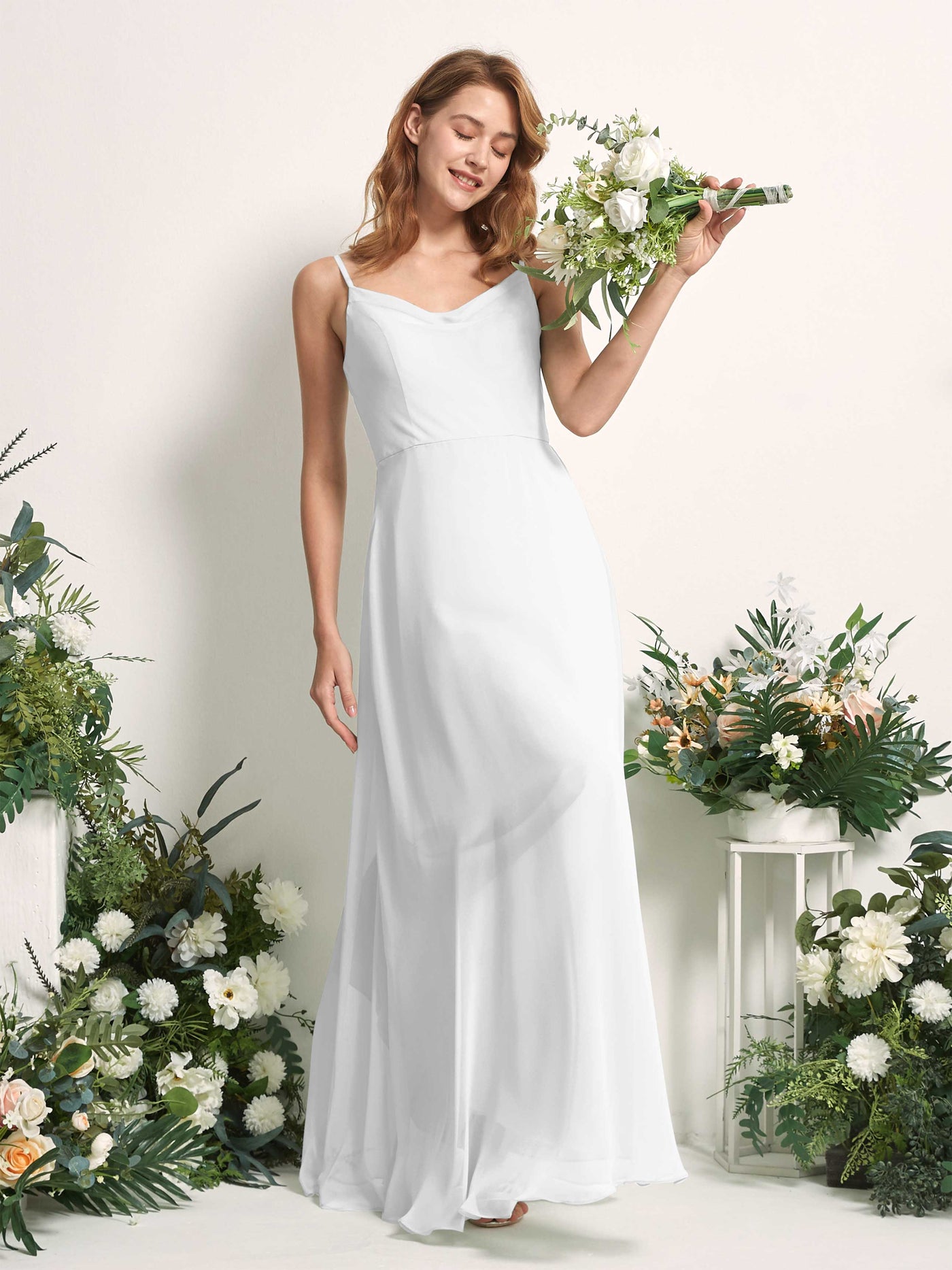 Carlyna Vestido de línea A escote en V hasta el suelo gasa dama de honor Blanco #color_blanco