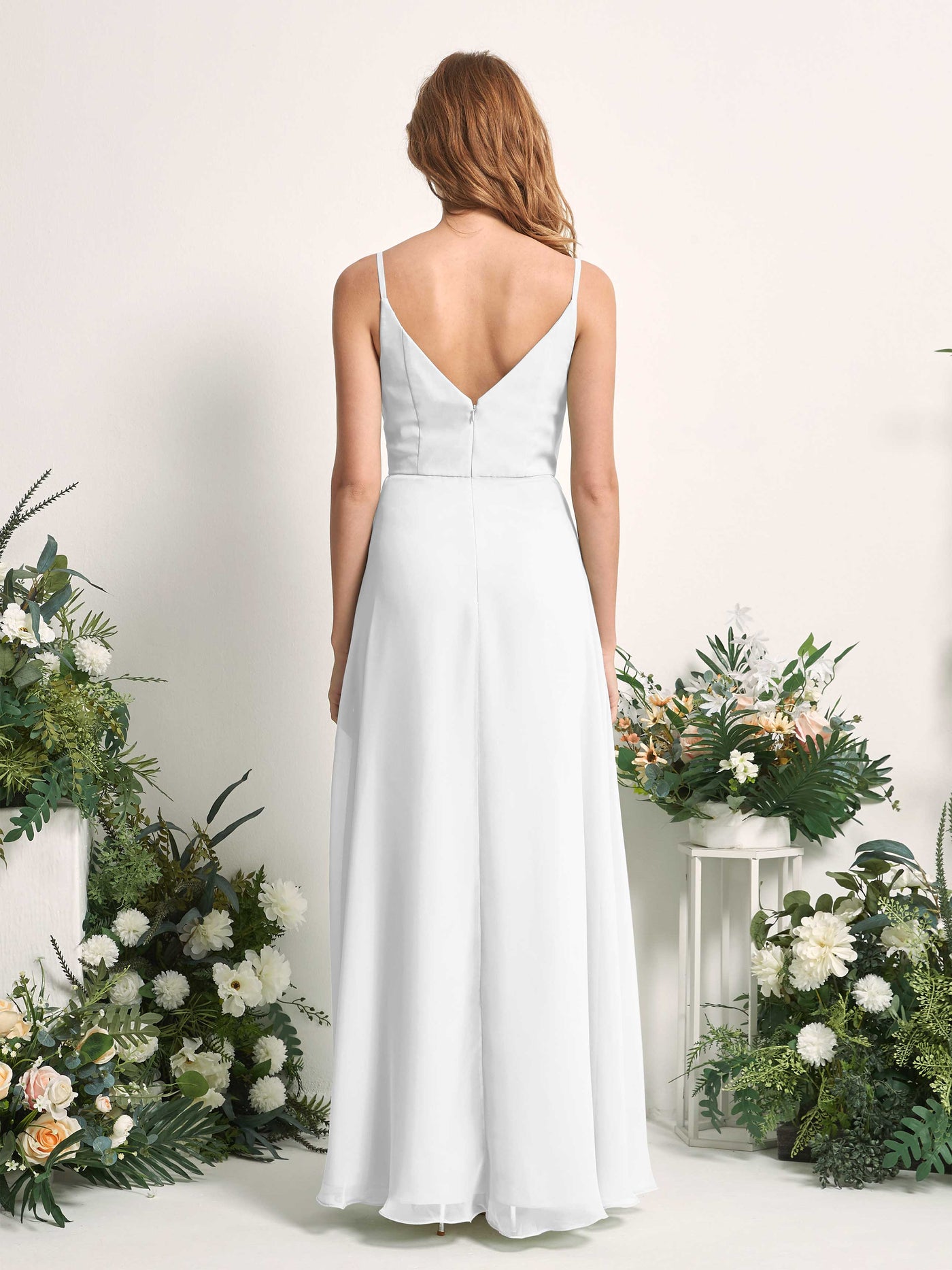 Carlyna Vestido de línea A escote en V hasta el suelo gasa dama de honor Blanco #color_blanco