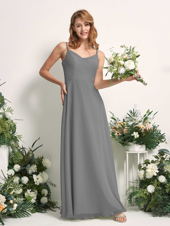 Carlyna Vestido de línea A escote en V hasta el suelo gasa dama de honor Gris Acero 