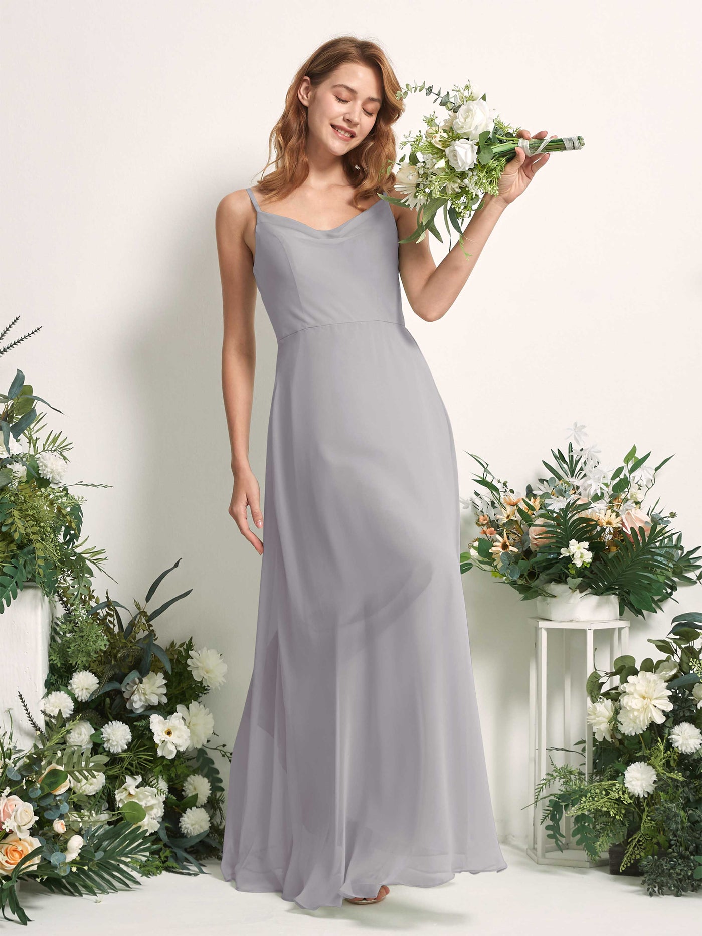 Carlyna Vestido de línea A escote en V hasta el suelo gasa dama de honor Gris Paloma #color_gris-paloma