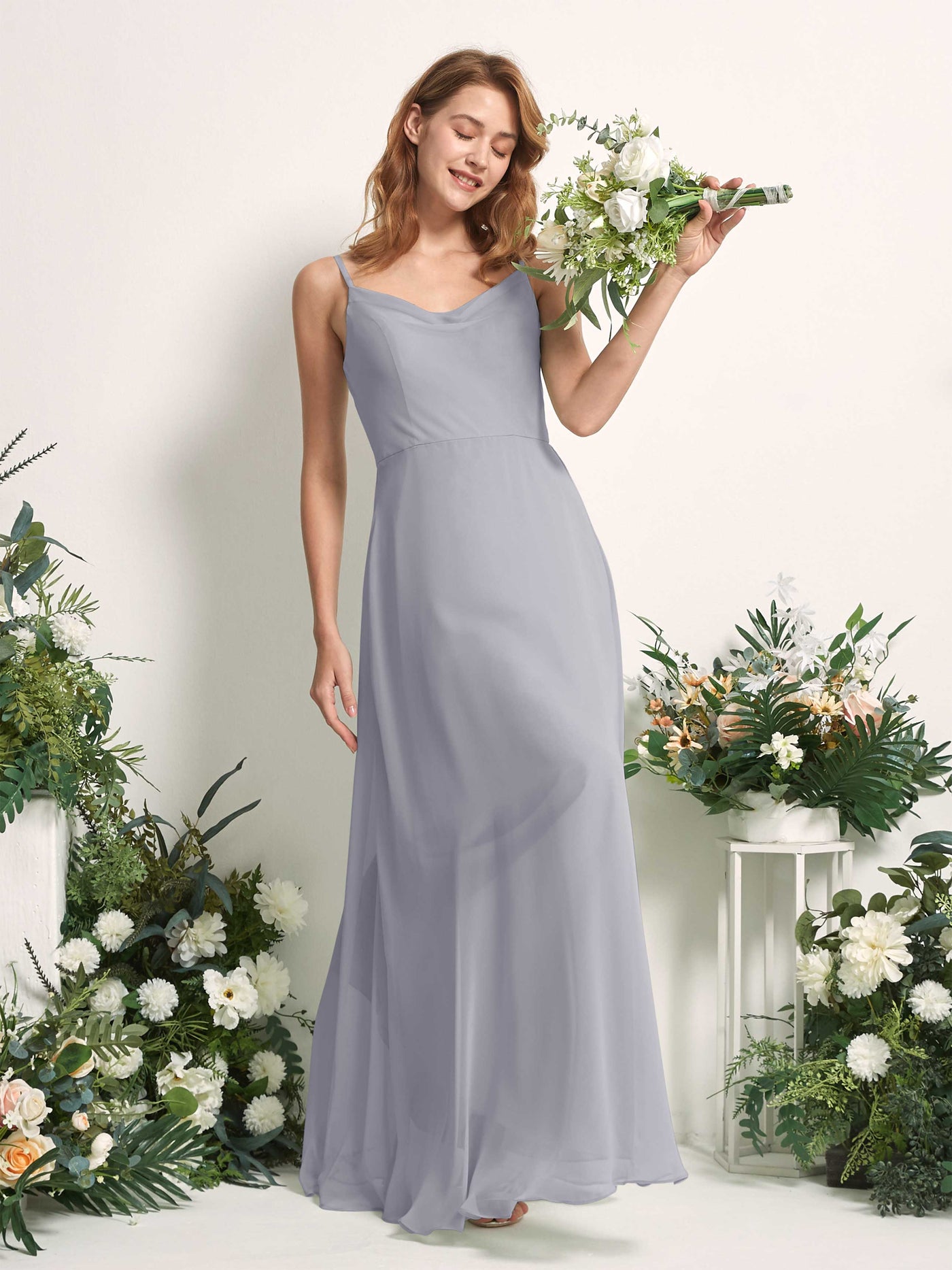 Carlyna Vestido de línea A escote en V hasta el suelo gasa dama de honor Lavanda Viejo #color_lavanda-viejo