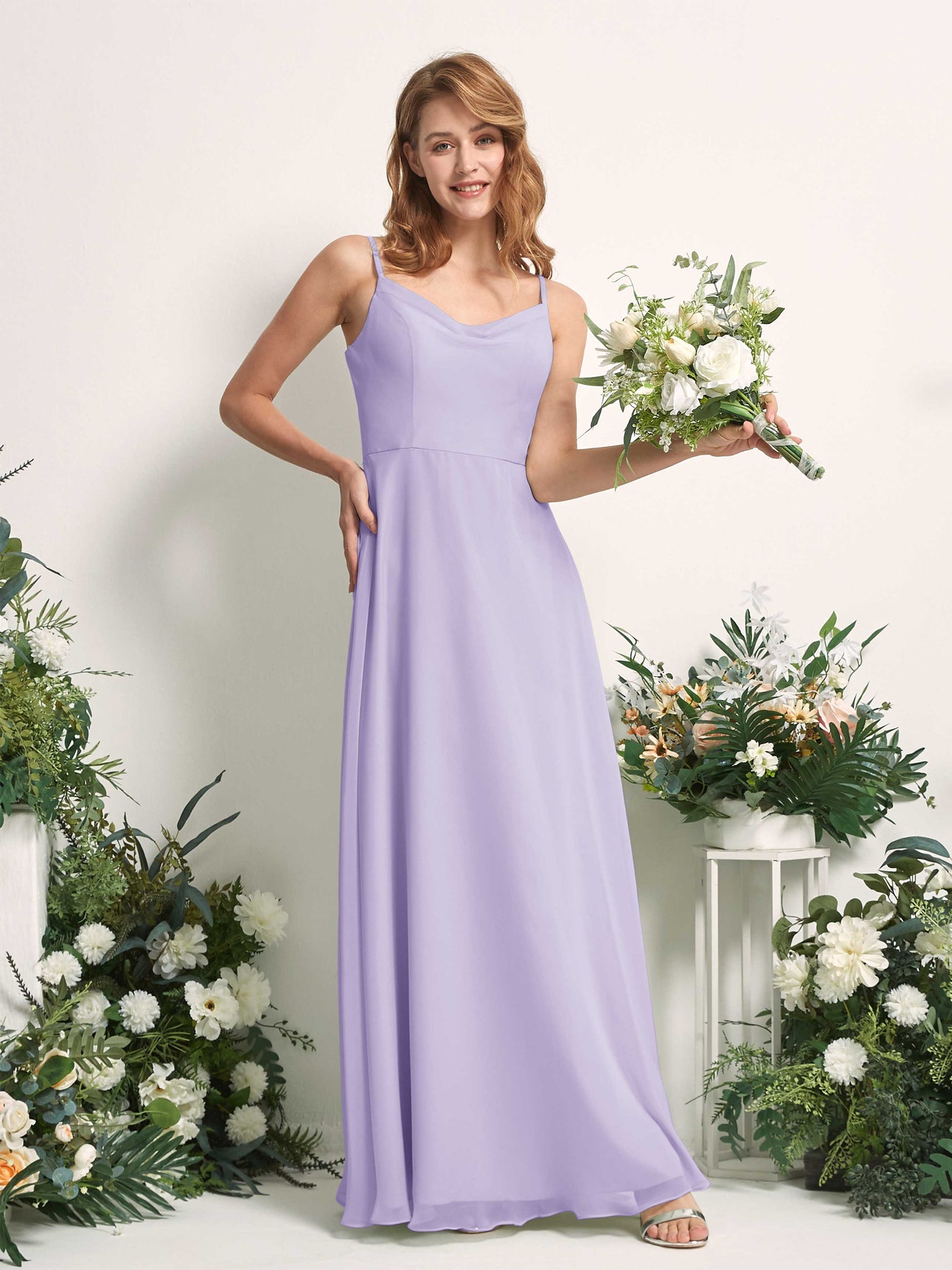 Carlyna Vestido de línea A escote en V hasta el suelo gasa dama de honor Lila #color_lila