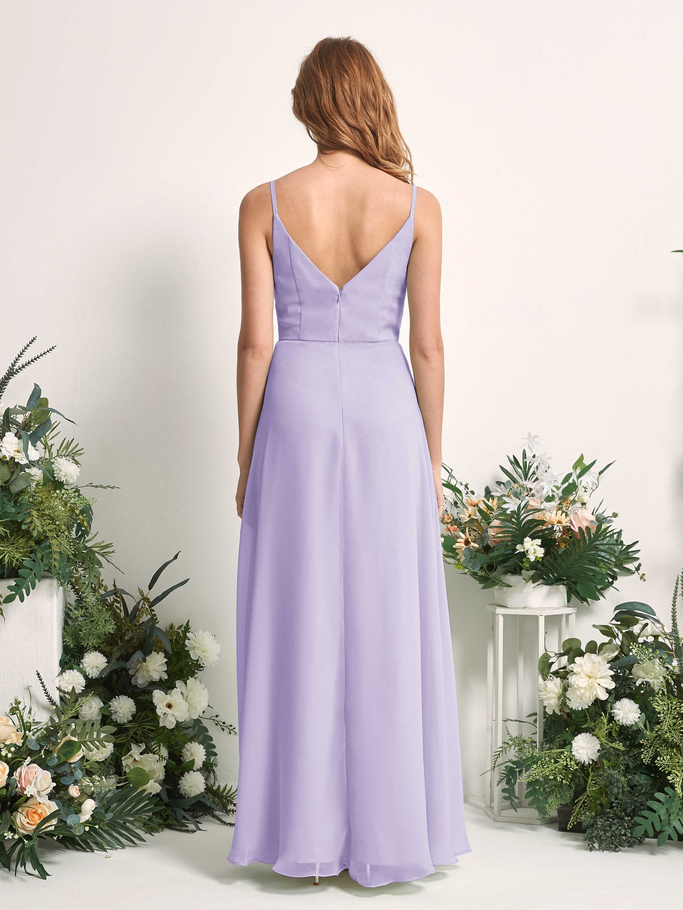 Carlyna Vestido de línea A escote en V hasta el suelo gasa dama de honor Lila #color_lila