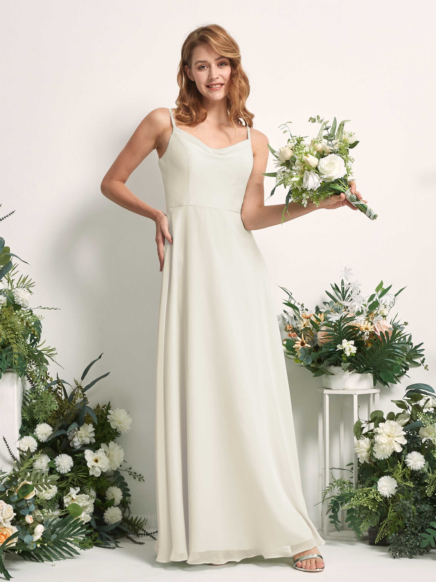 Carlyna Vestido de línea A escote en V hasta el suelo gasa dama de honor Marfil #color_marfil