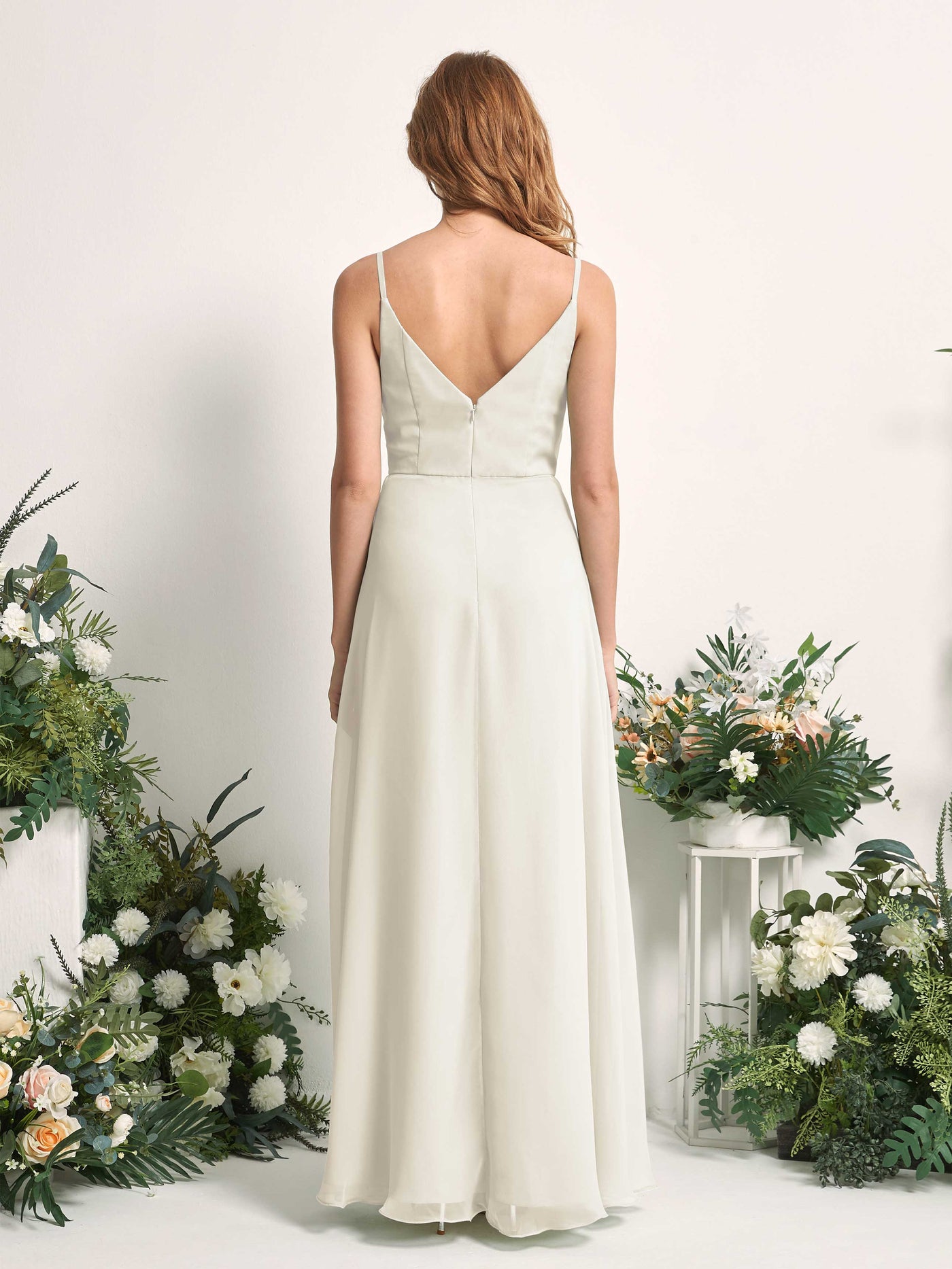 Carlyna Vestido de línea A escote en V hasta el suelo gasa dama de honor Marfil #color_marfil