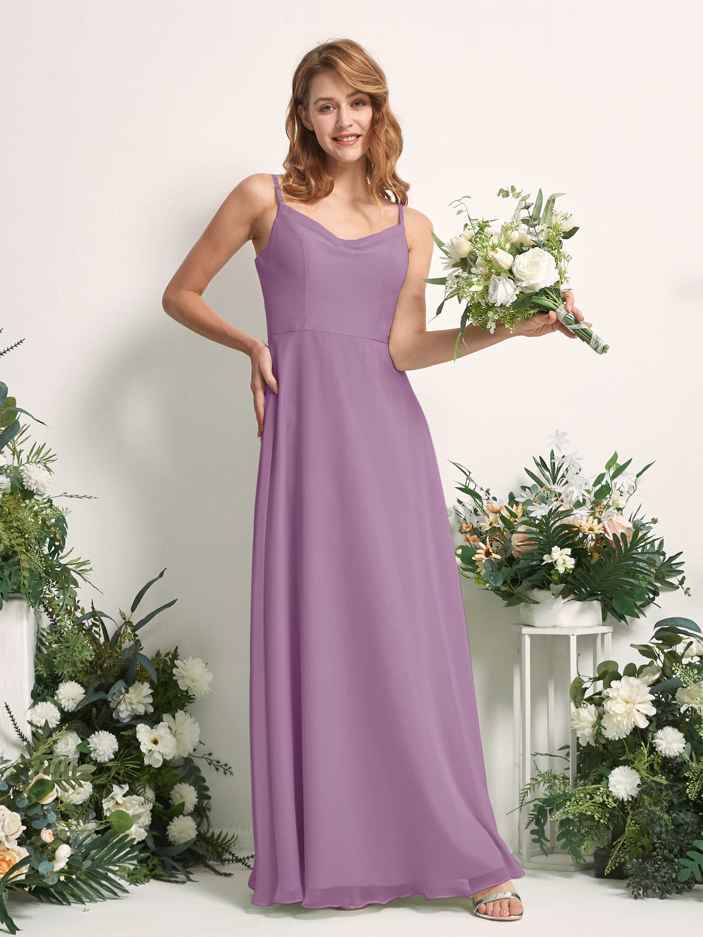 Carlyna Vestido de línea A escote en V hasta el suelo gasa dama de honor Niebla Orquídea #color_niebla-orqu-dea