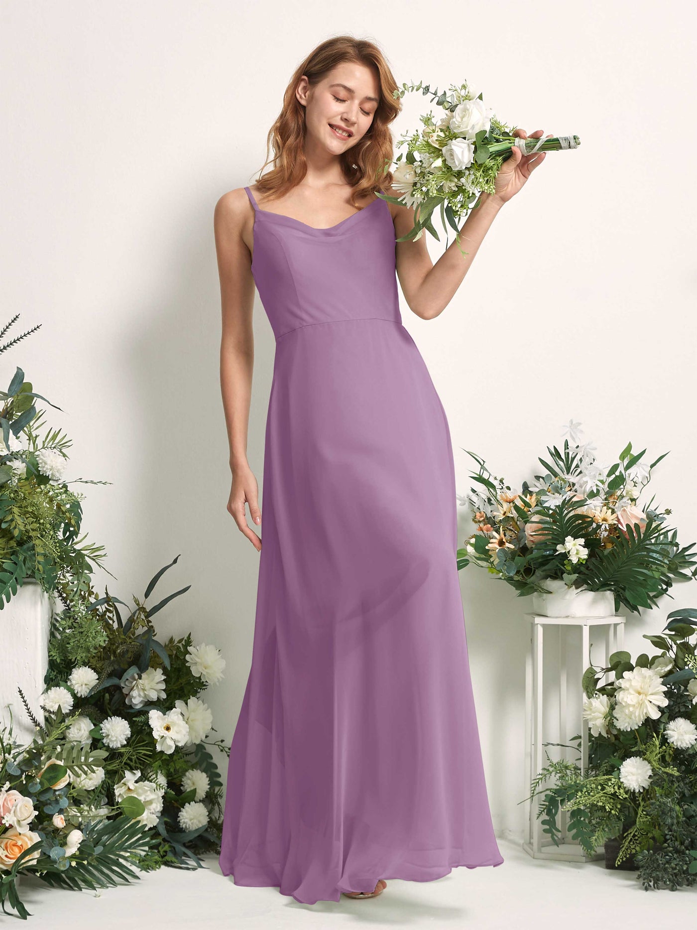Carlyna Vestido de línea A escote en V hasta el suelo gasa dama de honor Niebla Orquídea #color_niebla-orqu-dea