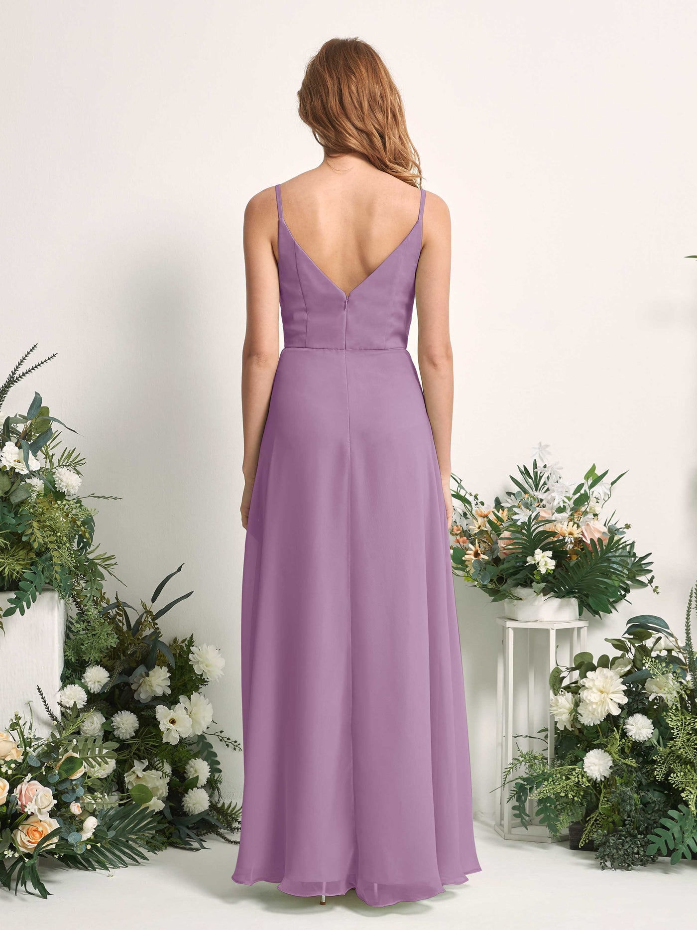 Carlyna Vestido de línea A escote en V hasta el suelo gasa dama de honor Niebla Orquídea #color_niebla-orqu-dea
