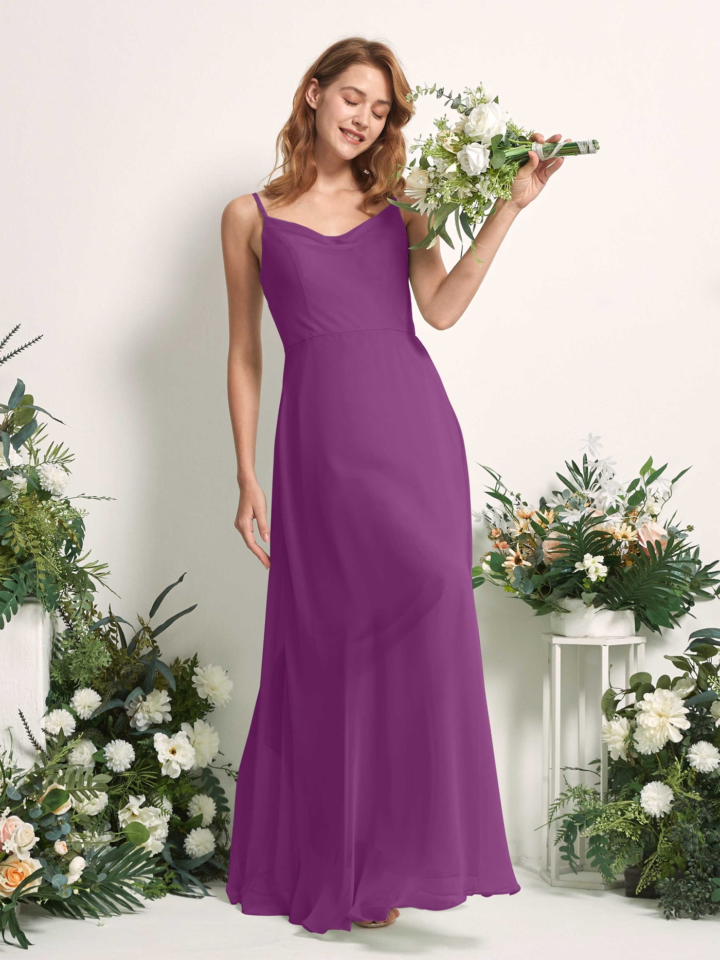 Carlyna Vestido de línea A escote en V hasta el suelo gasa dama de honor Púrpura #color_p-rpura