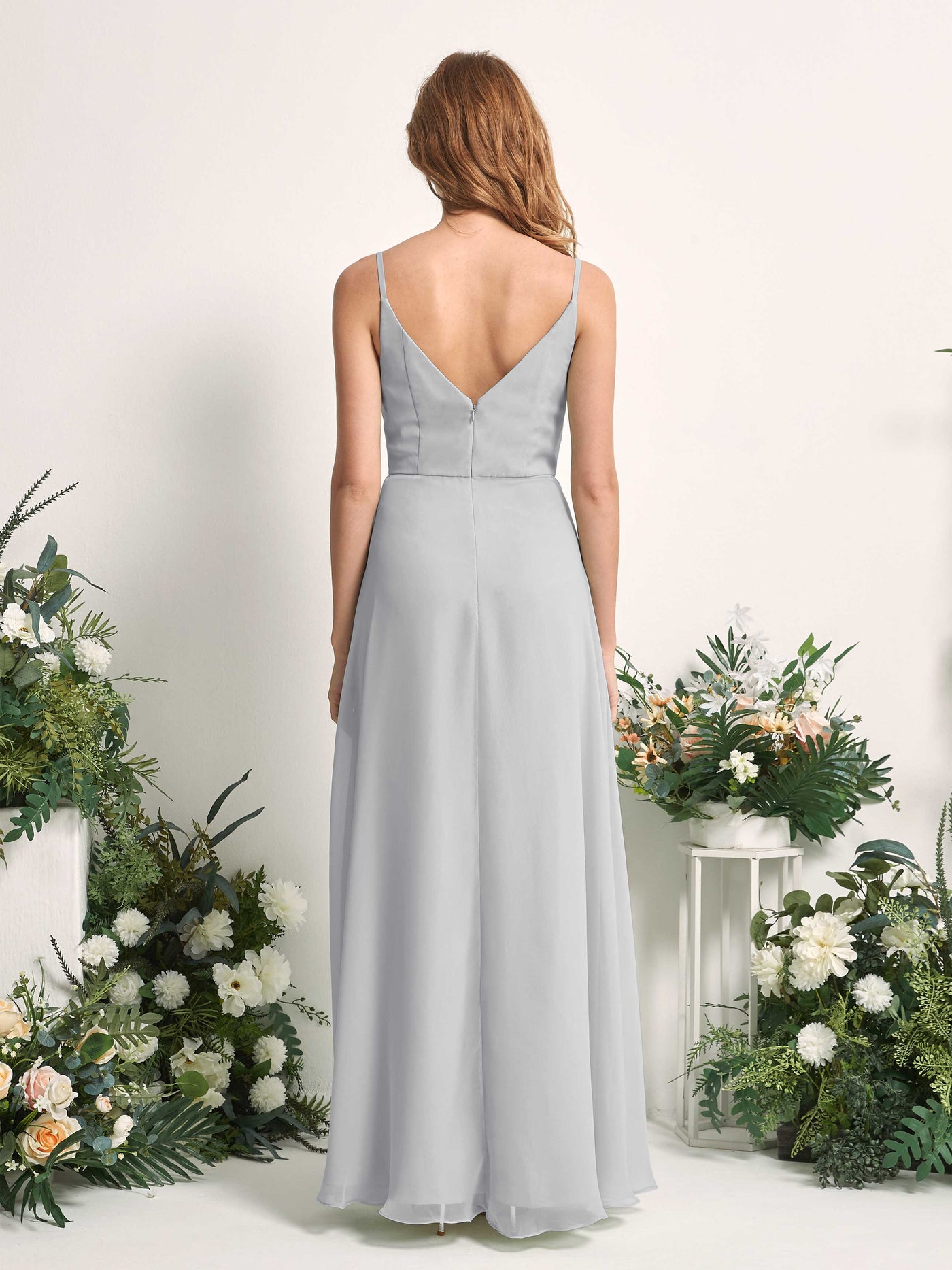 Carlyna Vestido de línea A escote en V hasta el suelo gasa dama de honor Plata #color_plata