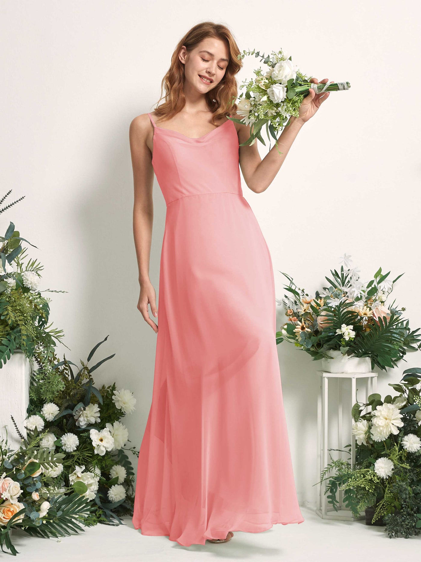 Carlyna Vestido de línea A escote en V hasta el suelo gasa dama de honor Rosa Ballet #color_rosa-ballet