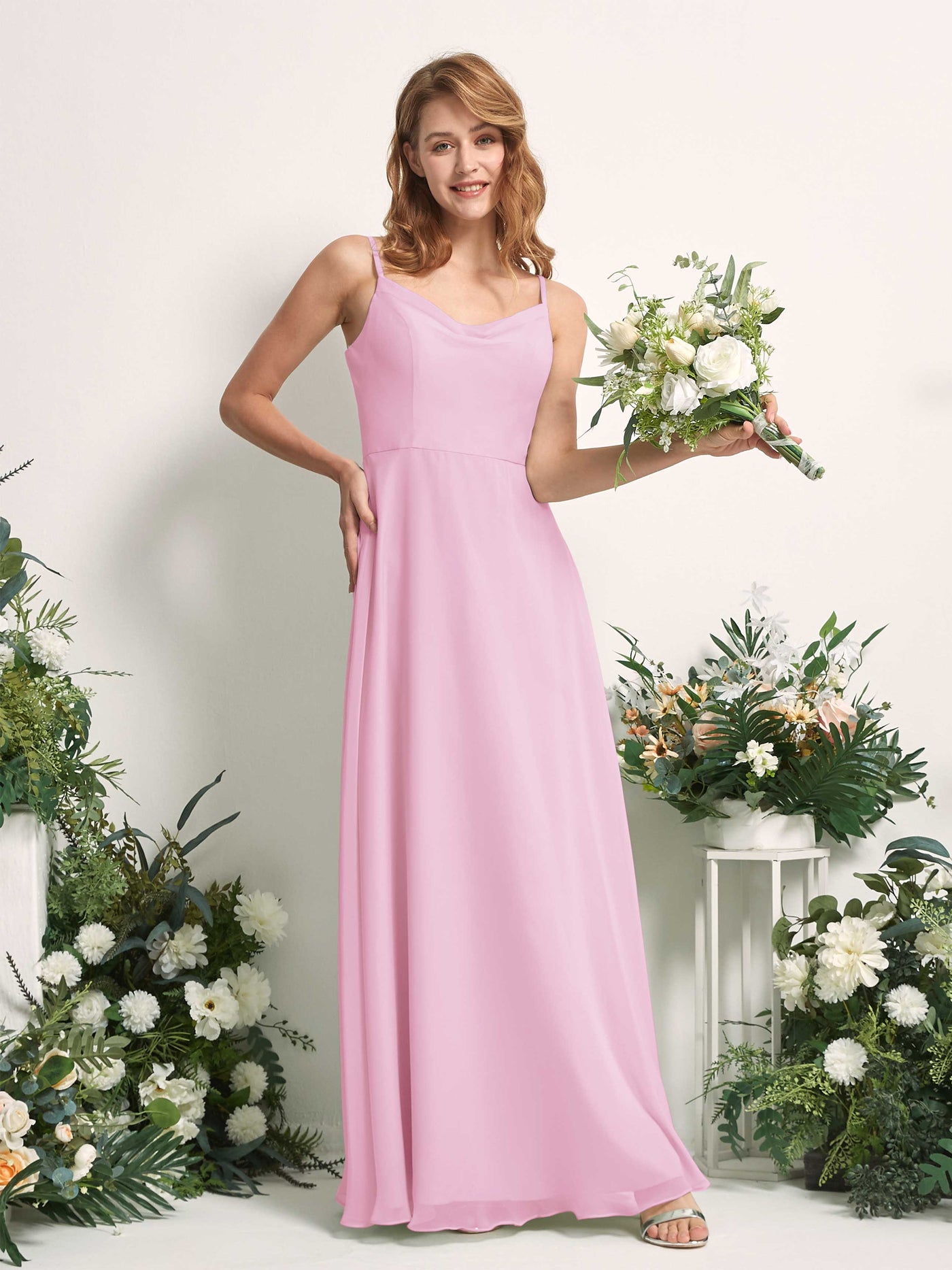 Carlyna Vestido de línea A escote en V hasta el suelo gasa dama de honor Rosa Caramelo #color_rosa-caramelo
