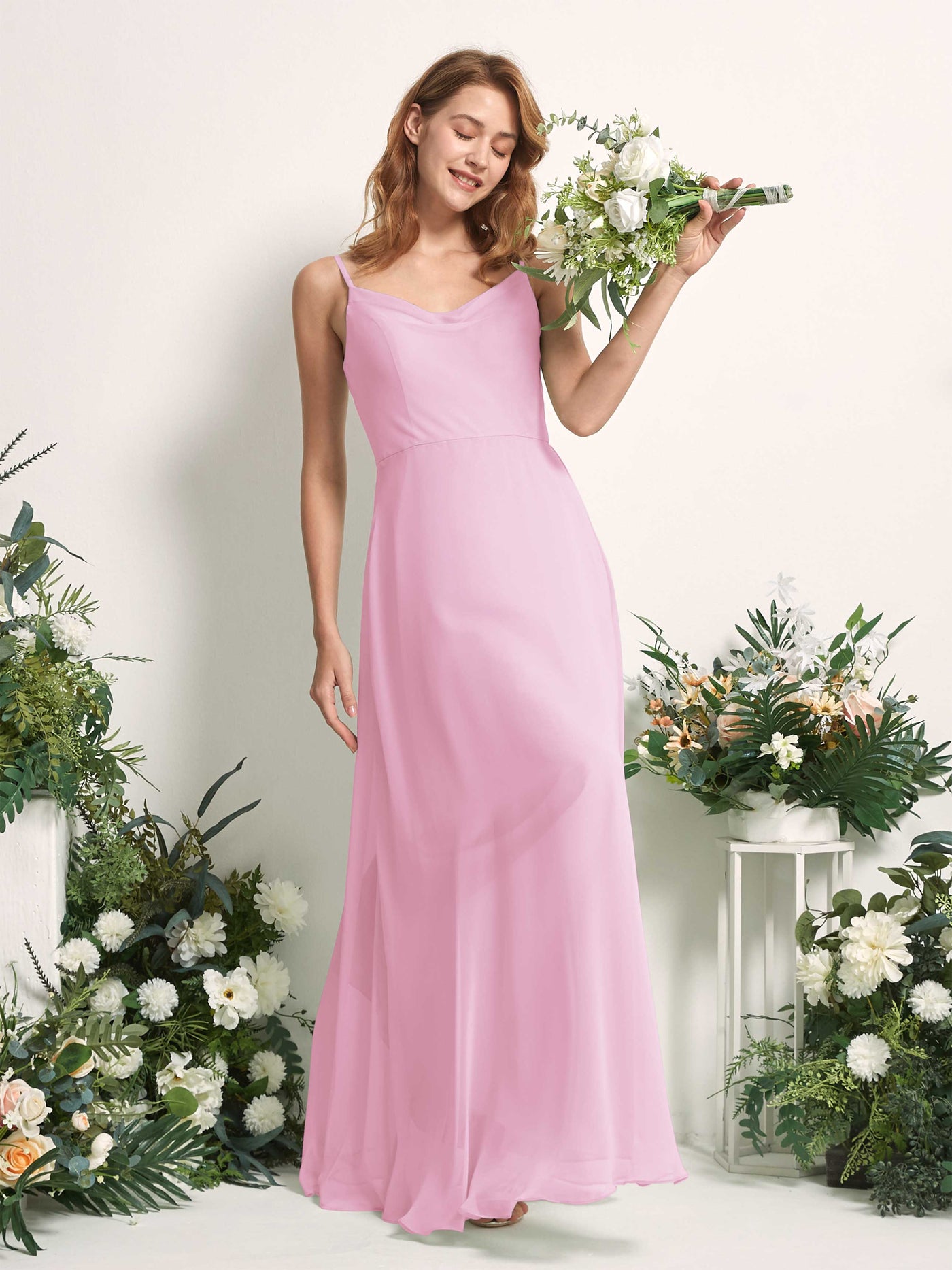 Carlyna Vestido de línea A escote en V hasta el suelo gasa dama de honor Rosa Caramelo #color_rosa-caramelo