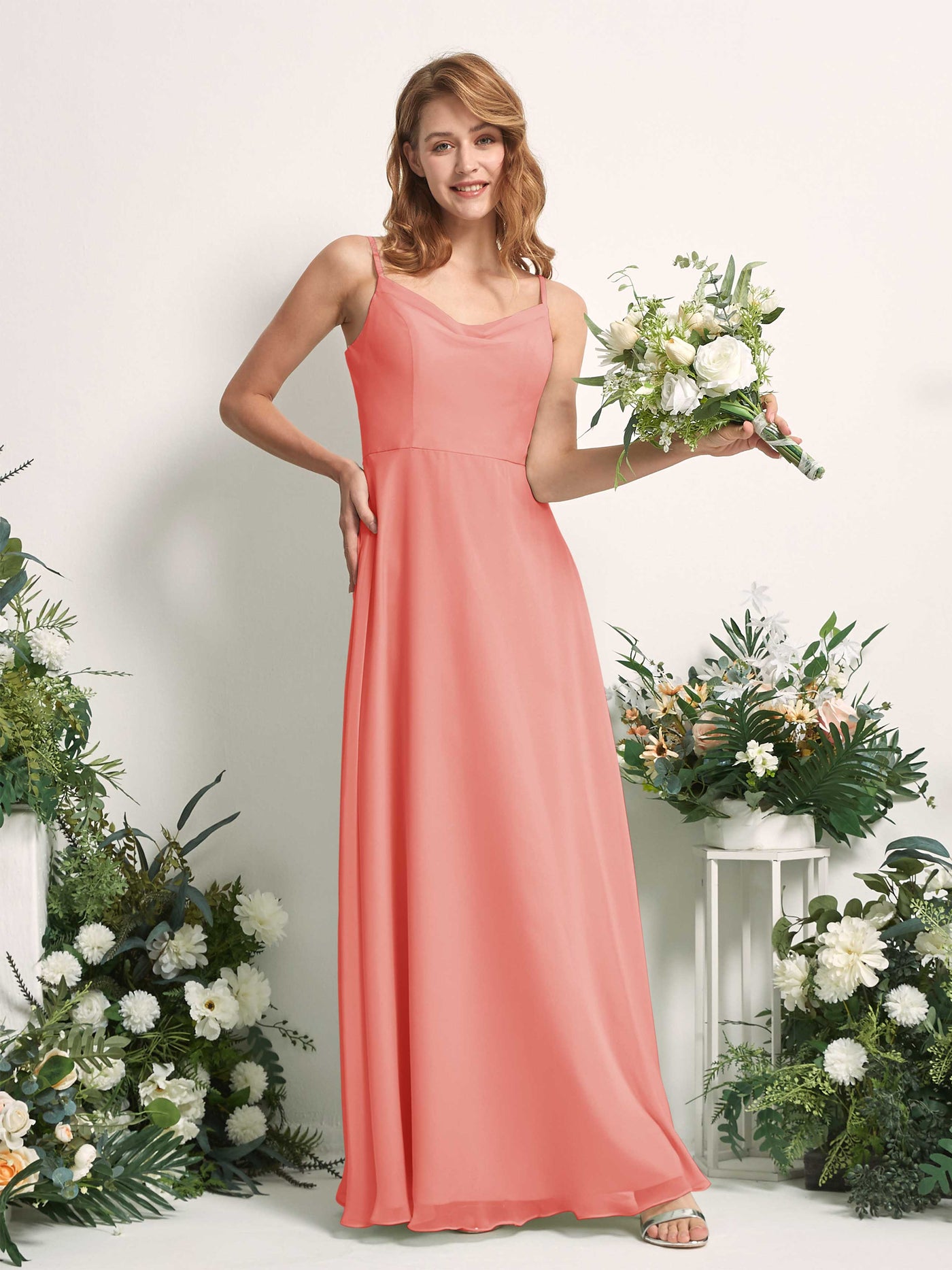 Carlyna Vestido de línea A escote en V hasta el suelo gasa dama de honor Rosa Melocotón #color_rosa-melocot-n