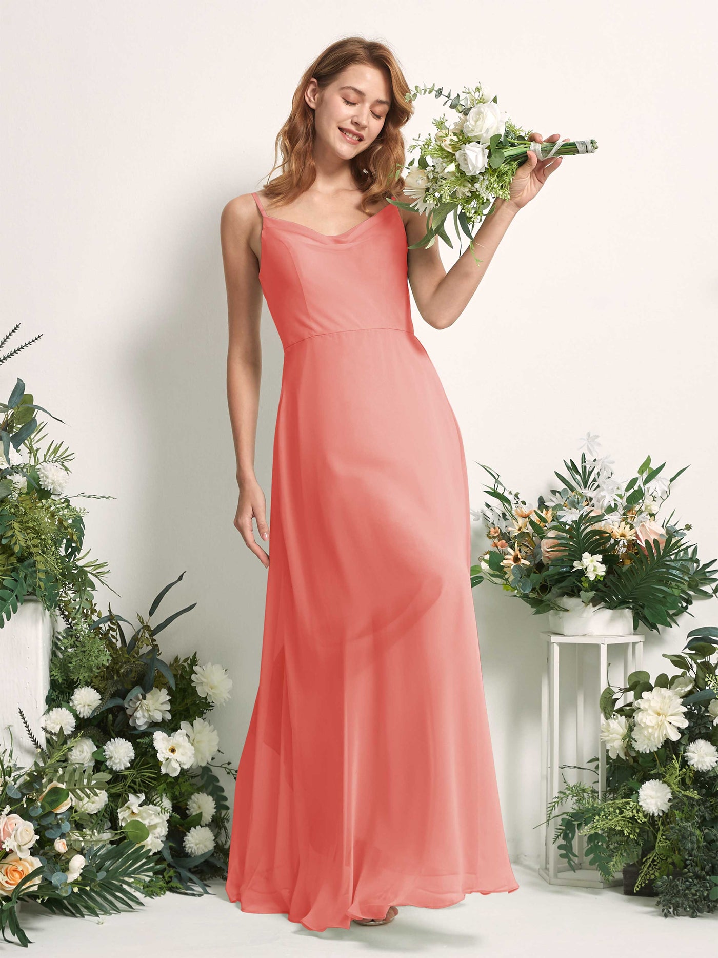 Carlyna Vestido de línea A escote en V hasta el suelo gasa dama de honor Rosa Melocotón #color_rosa-melocot-n
