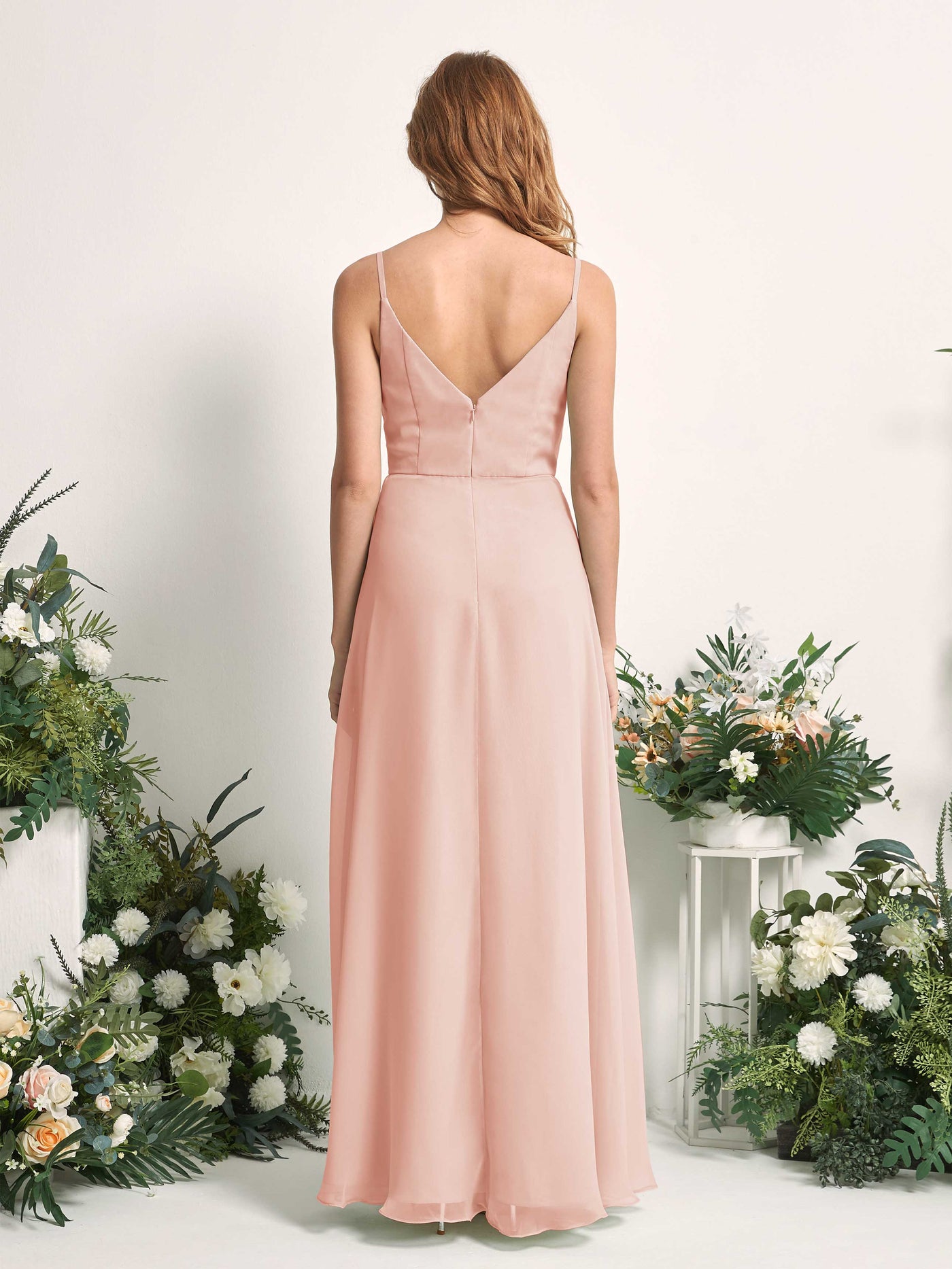 Carlyna Vestido de línea A escote en V hasta el suelo gasa dama de honor Rosa Perla #color_rosa-perla