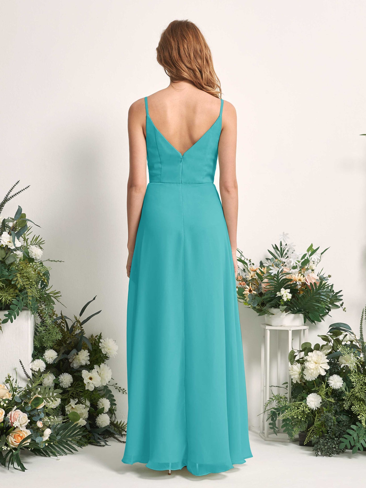 Carlyna Vestido de línea A escote en V hasta el suelo gasa dama de honor Turquesa #color_turquesa
