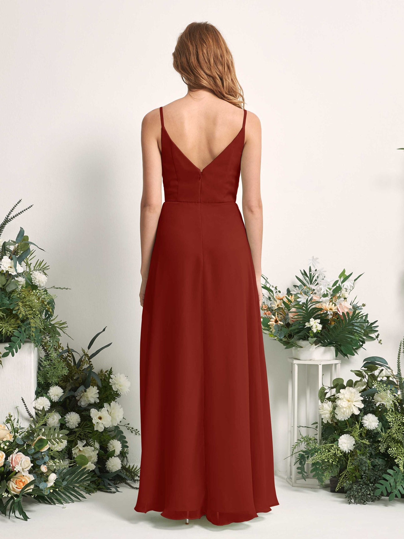 Carlyna Vestido de línea A escote en V hasta el suelo gasa dama de honor Óxido #color_xido