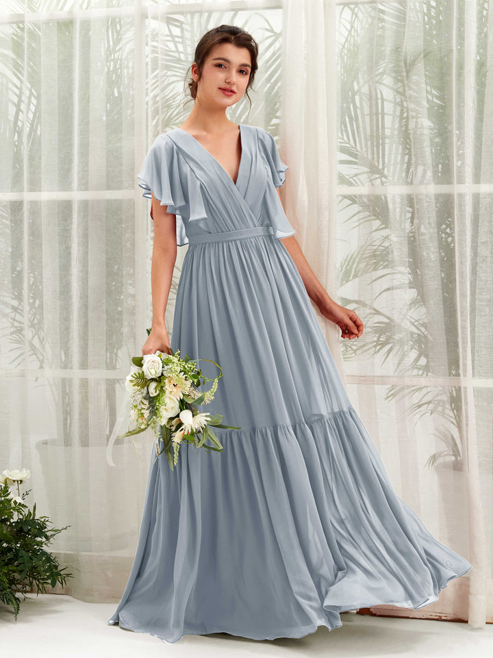 Carlyna Vestido de línea A escote en V manga con vuelo hasta el suelo dama de honor Azul Empolvado Mejorado 